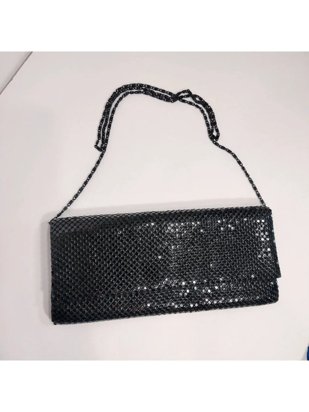 Black Mesh Clutch Purse Chain Strap Magnetic Snap Closure Zipper Interior Pocket
